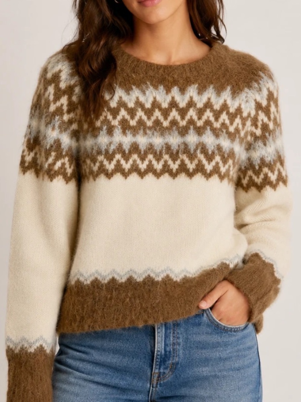 J. Crew Fair Isle Wool Alpaca Blend Ski Sweater Medium Americana Brown Off White